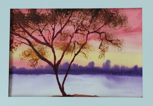 Jan, lakeside sunset, watercolour.